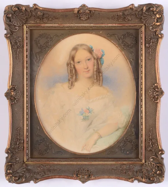 Alexander Clarot (1796-1842) "Lady in white gown",small watercolor portrait,1839