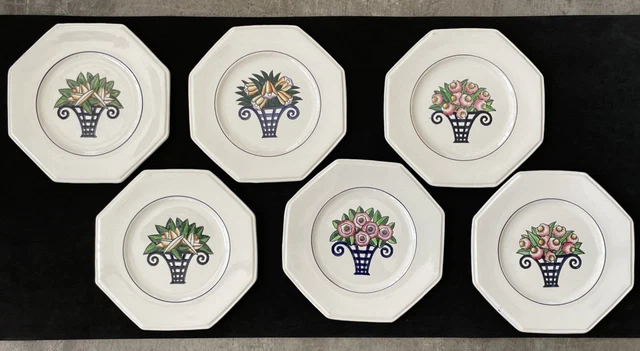 6 Assiettes desserts, LONGWY, céramique, décor floral, art déco, 18 cm