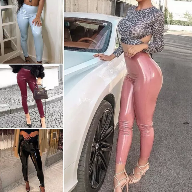 Women Wet Look PU Leather Pant Sexy High Waist Leggings Stretch Trousers Comfort