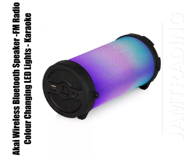 Akai Wireless Bluetooth Speaker -FM Radio - Colour Changing LED Lights - Karaoke