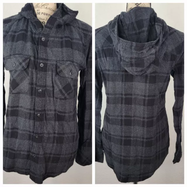 TNA Aritzia Hooded Boyfriend Fit XS  Flannel Shirt Plaid Button Up Long Sleeves