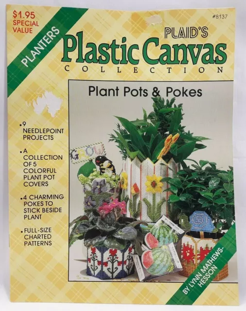 8137 1986 Plaid Plant Pots & Pokes 8137 patrón de lona de plástico folleto 9 diseños 8357