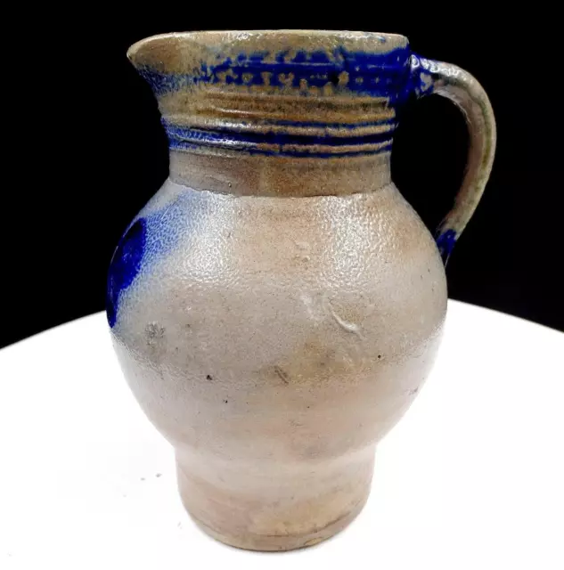 Stoneware Salt Glazed Pottery Blue Floral & Striped 6 1/2" Pitcher Jug 1880-1920