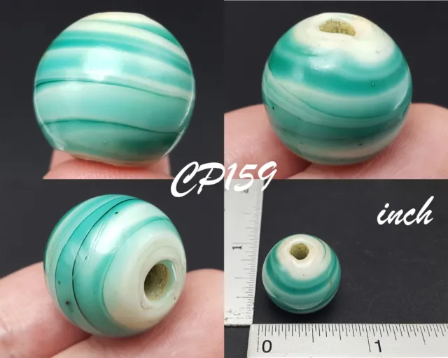 Vintage White Stripe Islamic Mosaic Green Glass Carved Decorated Bead #CP159a