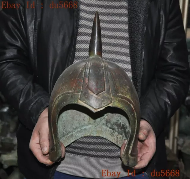 14"Old Chinese Bronze Ware Ancient General Soldier defense armor helmet hat cap