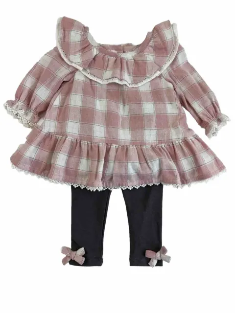 Shabby Chic Dress Baby Girls 0-3 Months Pink Gray Long Sleeve Plaid 2 Piece Set