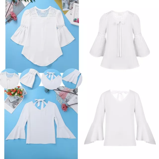 Child Girls Casual Daily Lace Splice Tops Kids Blouse Shirt Bell Sleeves Clothes