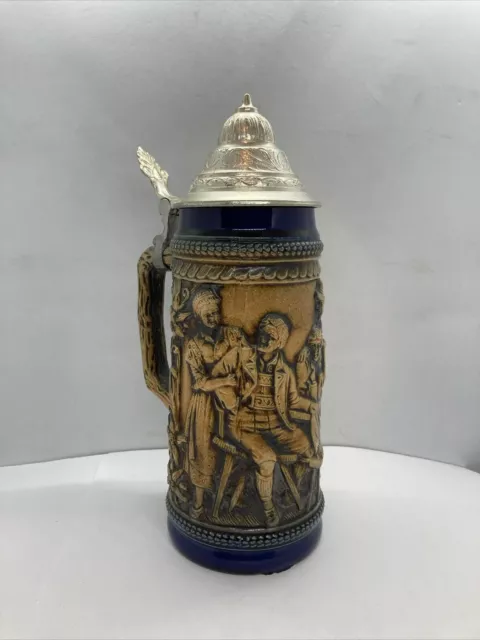 Vintage Made in Germany GERZ Lidded 3D Pub Scene Beer Stein 9.5” W.Germany 2