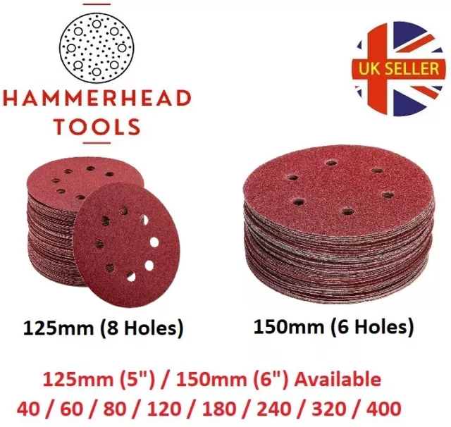 125mm 5" / 150mm 6" Sanding Discs 40 - 400G Hook Loop 8 Hole Orbital Sander Pads