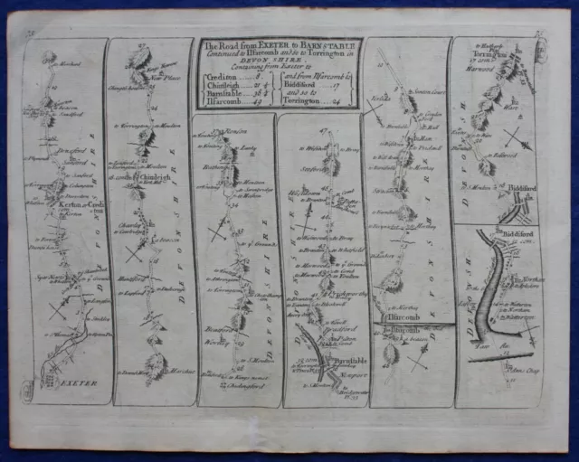 EXETER TO BARNSTAPLE, DEVON, antique road map, SENEX, OGILBY, pl 74-75, 1762