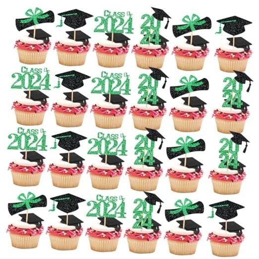 GRADUATION CUPCAKE TOPPERS 2024 Green, Class of 2024 Cupcake Toppers