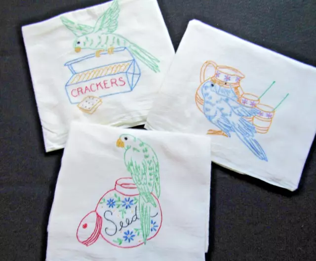 3 Vintage Flour Sack Embroidered Towels Colorful Parrots 29x36"