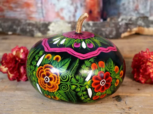 #26 Box Lacquer Gourd Hand Painted Flowers Handmade Olinalá Mexican Folk Art Med