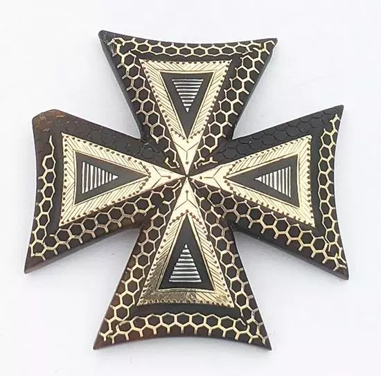 Victorian Faux Tortoiseshell Pique Silver & Gold Maltese Cross Brooch C19Th A/F