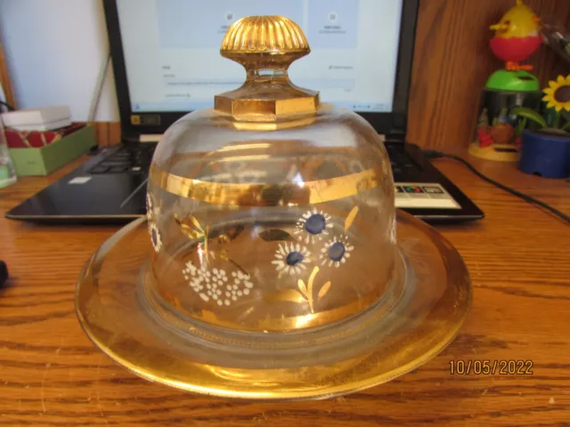 vintage round glass butter dish with lid hand painted flowers gold banding