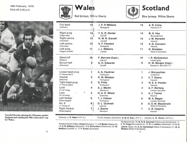 RUGBY UNION FIVE Nations Championship Wales v Scotland 1978 Programme £