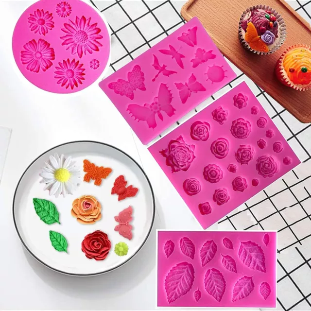 fondant silicone Mold Fai Da Te Rosa, Fiore del sole, farfalla, Le foglie... 3