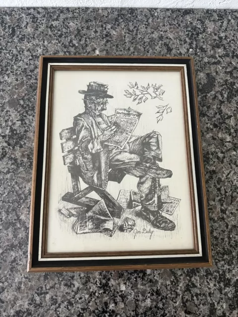 Jim Daly Print of Hobo Reading Newspaper Racing Form Framed Glass 8x10