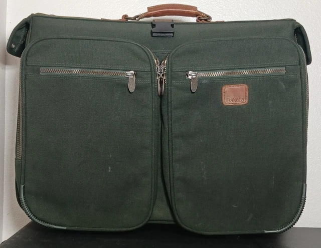 Vtg Dakota Tumi Garment Bag Green Canvas Leather Handles Wheel-A-Way Collection