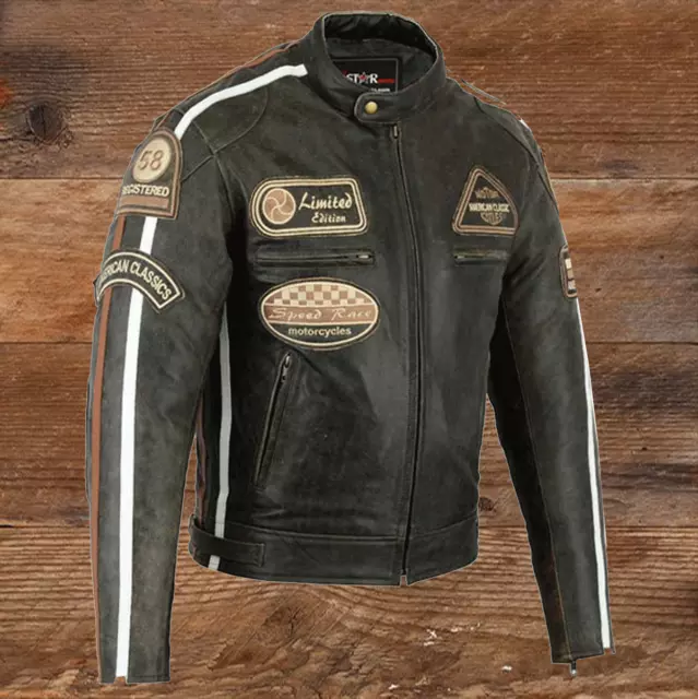 Blouson Veste En Cuir Moto Homme Vintage Cafe Racer Leather Jacket Biker 2