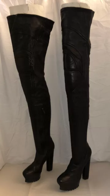 11❤️RUNWAY Padded Knee Hi Heel BLACK Stretch LEATHER Thigh High OTK BOOTS ITALY