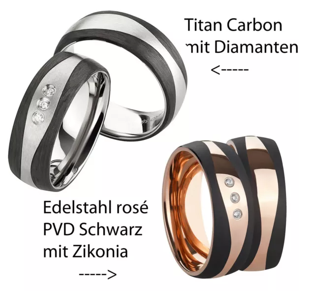 Ring Partnerringe Verlobungsringe Ehering + Diamant Titan/Carbon oder Edelstahl