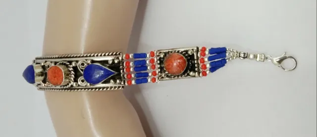 Asian Sterling Silver Bracelet women Tibetan Jewelry Lapis  Coral Bracelet, BS17