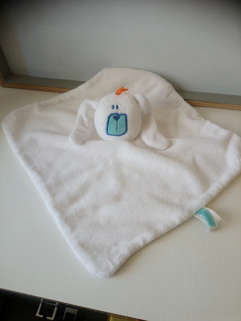 Doudou plat lapin blanc nez carré bleu Héma comme neuf