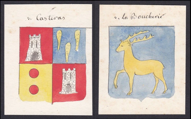 19. Siglo Boucher De Casteras Francia Escudo Nobleza Abrigo De Arms Acuarela