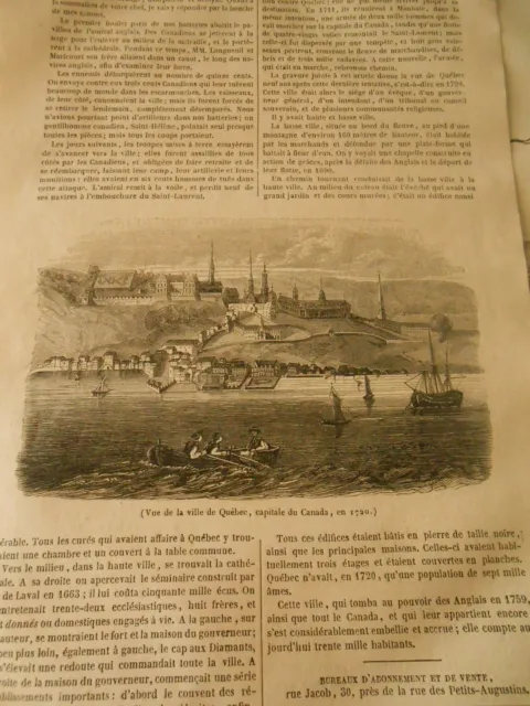 Vue de la Ville de Québec capitale du Canada Gravure Print 1844
