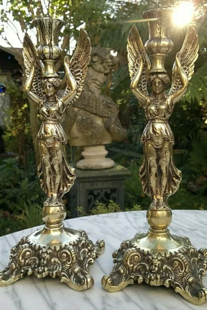 Pair of Antique French Empire Winged Lady Victory Candlesticks 12.5"Tall