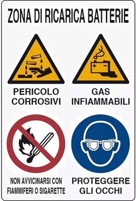 CARTELLO SEGNALETICO Zona Di Ricarica BATTERIE Pericolo CORROSIVI Gas INFIAMMABI