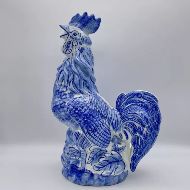 Gorgeous Ceramic Blue & White Chinoiserie Rooster 15" High French Country Statue