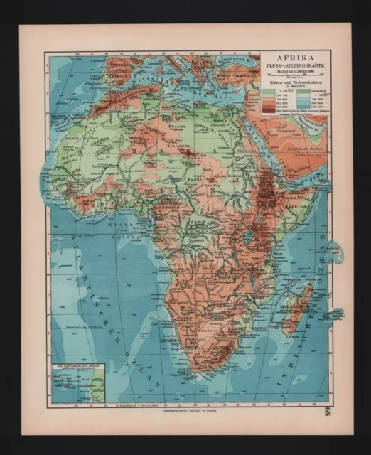 Landkarte map 1928: Afrika. Fluss-Gebirgs-Karte. Sahara Somalia Madagaskar