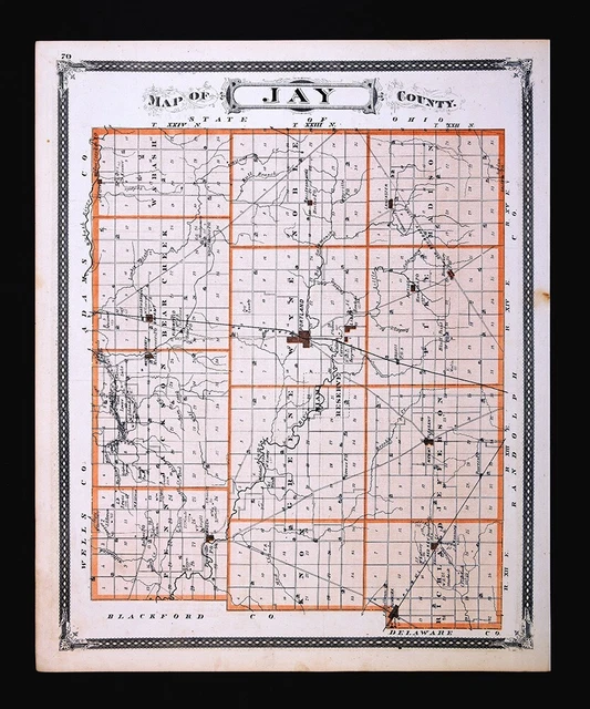 1876 INDIANA MAP Jay County Portland Dunkirk Redkey Pennville Bryant £
