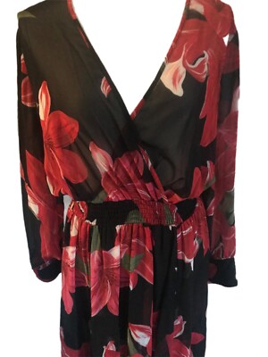 Red Black Large Exotic Flower Print Sheet Maxi Dress Elastic Waist Kate and Lily