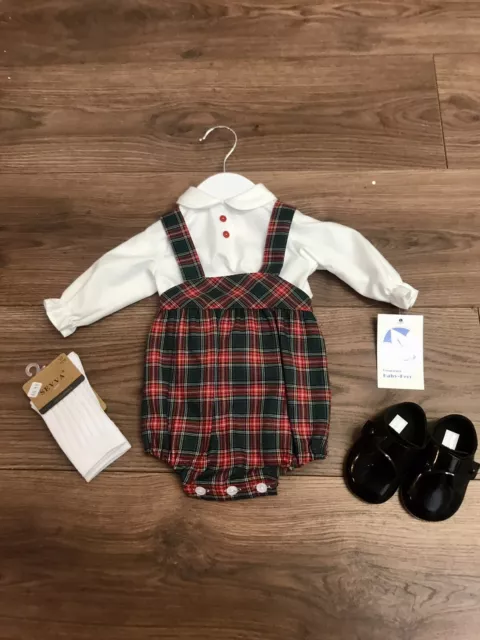 Beautiful Spanish Designer Baby Ferr Tartan Romper & Shirt Set   Size 1 Month