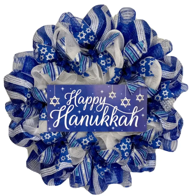 Happy Hanukkah Wreath With Star Of David Ribbons Handmade Deco Mesh