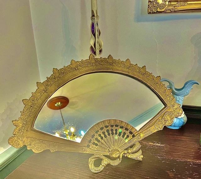 Antique French Bronze brass  Fan Shaped  Table Top Mirror Victorian