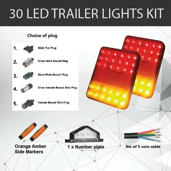 2 x 30 LED TRAILER LIGHTS KIT, Trailer Plug, CABLE, Side Marker, No. Plate Light