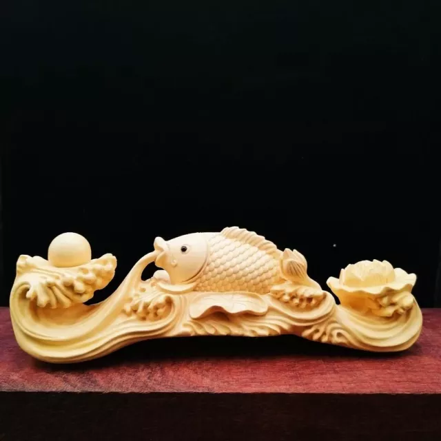 Chinese Boxwood Wood Hand Carved Lotus goldfish Ruyi Statue 黄杨木.金鱼如意