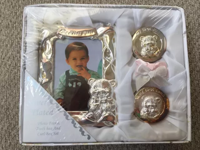 ⭐️Elegance Silver Plated Photo Frame, Tooth Box, and Curl Box Set.