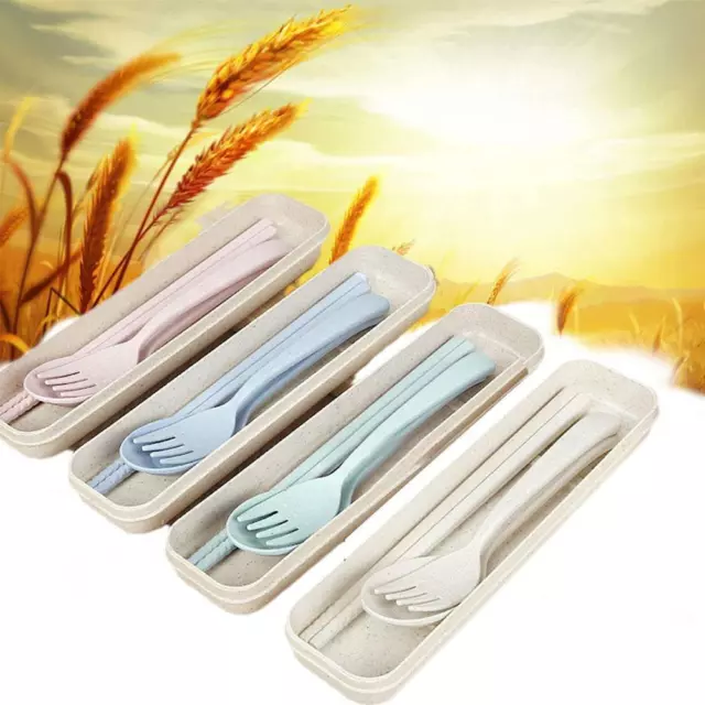 Wheat Cutlery Set Eco-friendly Reusable Dinner Tableware Kit Box Portable V7Q6