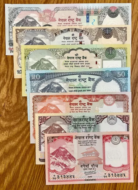 🔥 "NEW" Complete Set of 7 Nepal 5 -1000 Rupee Currency Notes Mt Everest NEW UNC