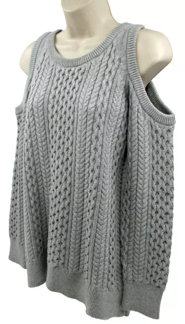 Michael Kors Open Cold Shoulder Gray Cable knit Sweater Merino Wool Size M 3