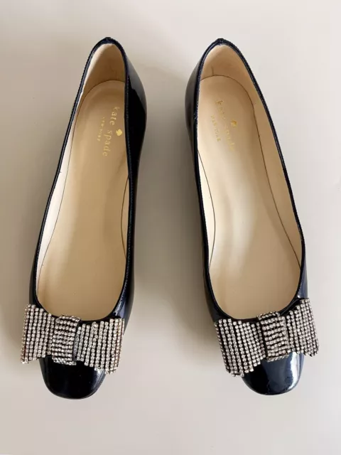 Kate Spade New York Italy Crystal Bow Black Patent Leather Flats Womens 8 B