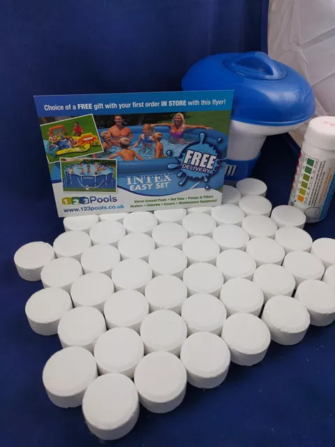 50 Chlorine Tablets + Dispenser + Testing strips Kit for Hot Tub Spa jacuzzi