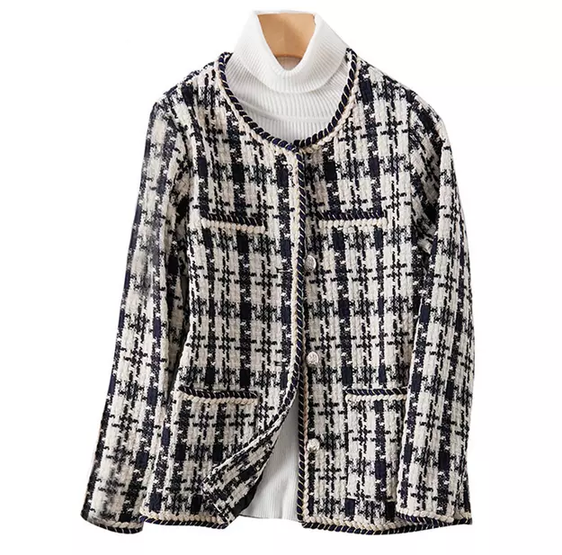 Plaid Tweed Jackets Women Crew-Neck Long Sleeve Office Wool Blend Coats Autumn