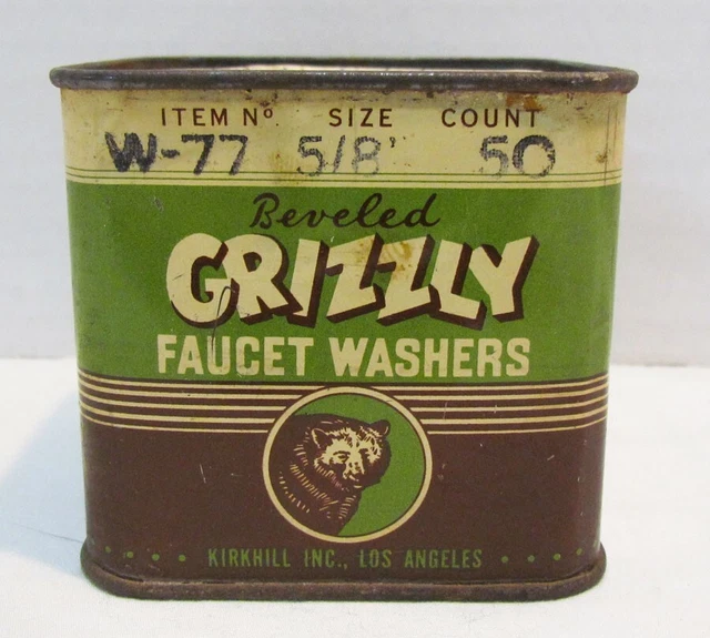 GRIZZLY FAUCET WASHERS Vintage Tin Litho Container W77 Kirkhill Inc