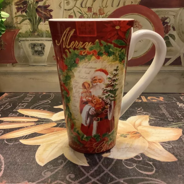 Burton & Burton~Large Mug~”Merry Christmas”~Red Background/Vintage Santa~NICE~